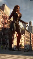 breasts giantess city mega large_breasts long_hair cleavage gun buildings shoes blood gloves street red_hair foot_crush falling dangle thighs truck costume belt dropped jumpsuit running_away van zipper black_widow digital_render holster marvel_comics amgipi camo_pants criminals