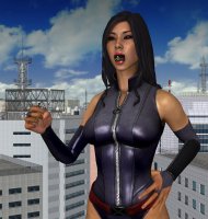 breasts giantess white_hair vore city mega black_hair long_hair handheld buildings purple_eyes asian belt leotard hands_on_hips x-men zipper psylocke digital_render bare_legs marvel_comics roodedude vertigo arclight