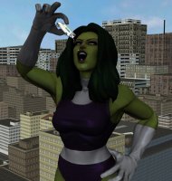 breasts giantess vore city mega large_breasts buildings green_eyes gloves green_hair open_mouth falling vehicles leotard hanging_on hands_on_hips she_hulk van green_skin digital_render bare_legs marvel_comics roodedude