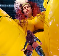 breasts giantess mega large_breasts long_hair butt cleavage purple_hair brunette gloves asian boots shrunken_woman thighs costume closed_eyes point_of_view belt leotard headband jetslasher x-men thick_thighs psylocke digital_render bare_legs marvel_comics rogue_(x-men) hair_streak