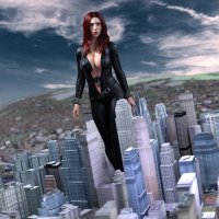 breasts giantess city mega large_breasts long_hair cleavage buildings green_eyes red_hair thighs red_nails costume belt jumpsuit bracelet black_widow digital_render marvel_comics timeparadox33