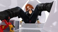 breasts growth giantess mega black_hair large_breasts long_hair butt cleavage green_eyes angry red_hair short_hair sitting kneeling mask hiding growth_ray avengers reflection thighs belt bracelet zipper looking_at_tiny black_widow digital_render spider-man spider-woman marvel_comics peter_parker celton jessica_drew