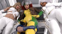 breasts giantess white_hair blonde large_breasts long_hair blue_eyes green_eyes brunette smiling gloves mini_giantess shrunken_man mask pants dark_skin thighs indoors jacket point_of_view cape top belt headband hands_on_hips x-men wolverine emma_frost looking_at_tiny digital_render marvel_comics bare_midriff rogue_(x-men) hair_streak celton hugging_leg clinging_to_leg storm_(x-men)
