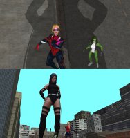 breasts giantess city mega blonde black_hair long_hair butt blue_eyes buildings purple_hair shoes multiple_sizes gloves asian green_hair ponytail boots shadow looming mask thighs towering costume belt leotard hands_on_hips x-men she_hulk green_skin looking_at_tiny digital_render cassie_lang stature marvel_comics ci0 pyslocke