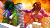 breasts giantess city mega large_breasts long_hair butt destruction rampage cleavage buildings gloves green_hair red_hair muscles fire fighting giantesses mask smoke thighs costume belt leotard jetslasher titania thick_thighs green_skin spikes digital_render she-hulk bare_legs marvel_comics