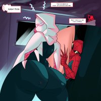 drawing comic color butt butt_crush angry shrunken_man mask thighs costume dialogue looking_behind hood thick_thighs spider-man marvel_comics spider-gwen cutaway clothing_entrapment peter_parker daily_bugle mhside