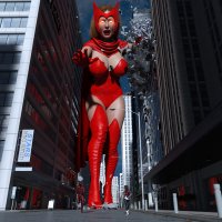 breasts giantess city large_breasts long_hair destruction rampage cleavage buildings brunette gloves boots reaching reflection dark_skin thighs chase jacket costume ant-man cape leotard latina tiara running_away helmet glowing_eyes digital_render bare_legs marvel_comics scarlet_witch scott_lang anttiergod america_chavez