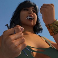 breasts giantess vore mega blonde black_hair handheld cleavage saliva shoes brown_eyes short_hair pants dark_skin shirt ripped_clothing bracelet looking_at_tiny digital_render ms_marvel marvel_comics kamala_khan pandatomi77