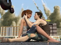 breasts giantess city mega destruction giant blue_eyes toes barefoot buildings jeans brunette brown_eyes smiling couple red_hair ponytail sitting muscles mask smoke costume shirt ripped_clothing running_away cracked_ground digital_render mary_jane bare_legs miles_morales spider-man marvel_comics pandatomi77