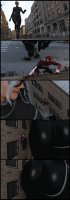 breasts giantess white_hair city mega comic large_breasts butt destruction buildings butt_crush climbing smiling street mask thighs costume thigh_crush jumpsuit thick_thighs looking_at_tiny digital_render black_cat spider-man marvel_comics foot_prints peter_parker felicia_hardy anndvine