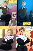 drawing growth giantess mega blonde comic color large_breasts butt blue_eyes huge_breasts short_hair mini_giantess uniform bus tie mask pants dark_skin thighs desk sweater doctor classroom dialogue hands_on_hips clipboard thick_thighs looking_at_tiny gwen_stacy miles_morales spider-man marvel_comics spider-gwen caiman2 glitch tree_branch