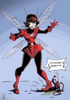breasts drawing wings color blue_eyes skirt angry brunette gloves boots foot_crush shrunken_man thighs fist costume belt dialogue no_background looking_at_tiny janet_van_dyne spider-man antennae marvel_comics the_wasp theintrovert superior_spider-man