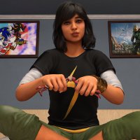 breasts blonde black_hair long_hair handheld brown_eyes boots sitting kissing sonic_the_hedgehog shrunken_woman shrunken_man mask pants indoors costume toys halo bracelet digital_render toying bare_legs ms_marvel spider-man marvel_comics captain_marvel kamala_khan looking_at_tinies peter_parker carol_danvers anttiergod