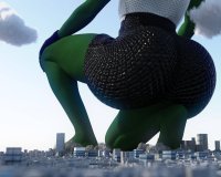 giantess city mega butt destruction barefoot skirt buildings gloves kneeling foot_crush clouds thighs green_skin digital_render she-hulk marvel_comics hand_on_knee bakedalaskabigs