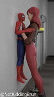breasts long_hair butt handheld red_hair mini_giantess boots pants indoors red_nails jacket wall digital_render mary_jane spider-man marvel_comics peter_parker nookiidding pinned_to_wall