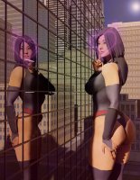 breasts giantess city mega black_hair large_breasts long_hair butt purple_eyes asian reflection thighs costume looking_at_viewer leotard x-men thick_thighs psylocke digital_render bare_legs marvel_comics ci0 heart_shape finger_kiss