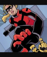 breasts drawing giantess mega blonde color blue_eyes gun gloves ponytail reaching mask indoors fist costume helmet aim cassie_lang stature marvel_comics warehouse young_avengers