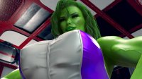 breasts black_hair large_breasts long_hair butt green_eyes climbing smiling green_hair ponytail muscles hawkeye shrunken_woman thighs indoors costume green_skin looking_at_tiny digital_render on_breasts she-hulk marvel_comics kate_bishop celton
