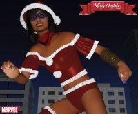 breasts giantess city mega black_hair buildings smiling christmas shorts mask dark_skin night thighs gift santa_costume bracelet christmas_gift santa_hat scarf digital_render bare_legs ms_marvel marvel_comics kamala_khan bare_midriff pandatomi77