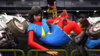 breasts growth giantess black_hair long_hair butt armor shoes brunette military gloves red_hair short_hair boots sitting mask vehicles dark_skin flying thighs indoors costume cape belt bracelet looking_at_tiny black_widow digital_render garage hair_bun arms_folded ms_marvel marvel_comics scarlet_witch kamala_khan anttiergod