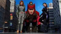 breasts giantess city mega alien large_breasts armor toes barefoot cleavage buildings brunette multiple_sizes gloves street red_hair ponytail short_hair crawling avengers thighs leaning_against_building costume belt jumpsuit bracelet tiara purple_skin zipper looking_at_tiny black_widow digital_render holster marvel_comics hope_van_dyne scarlet_witch the_wasp thanos infinity_gauntlet scarlett-gts