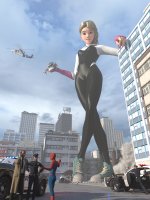 breasts giantess city mega blonde blue_eyes handheld gun buildings helicopter shoes smiling police short_hair foot_crush uniform mask dangle vehicles thighs hat costume belt vehicle_crush hanging_on legs_crossed leaning_on_building police_cars water_tower digital_render gwen_stacy spider-man trench_coat marvel_comics spider-gwen police_officer peter_parker gtssrg