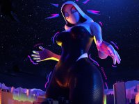 breasts growth giantess city mega large_breasts buildings mask night thighs costume stars hood thick_thighs digital_render gwen_stacy marvel_comics spider-gwen mkrinky