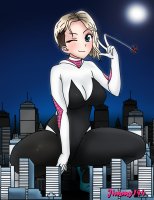 breasts drawing giantess city mega blonde color blue_eyes cleavage buildings smiling moon short_hair night crouching web winking thick_thighs gwen_stacy spider-man marvel_comics spider-gwen jimmy144 peter_parker