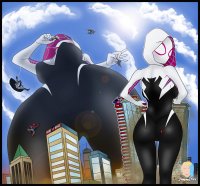breasts drawing giantess city mega color large_breasts butt destruction buildings helicopter climbing boots looming mask pants dangle clouds hat jacket point_of_view between_buildings hood web thick_thighs stuck_to_butt mech looking_at_tiny gwen_stacy miles_morales spider-man marvel_comics spider-gwen jimmy144 peter_parker peni_parker daily_bugle spider-man_noir spider-ham