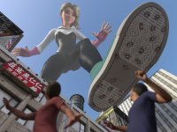 breasts giantess city mega blonde blue_eyes buildings shoes smiling short_hair thighs costume point_of_view sign imminent_crush water_tower digital_render gwen_stacy marvel_comics spider-gwen looking_at_tinies gtssrg
