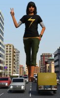 breasts giantess city black_hair toes barefoot buildings street walking pants vehicles thighs looking_at_viewer bracelet hands_on_hips digital_render bare_legs ms_marvel marvel_comics kamala_khan anttiergod