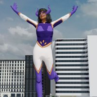 breasts giantess horns city mega black_hair large_breasts buildings brown_eyes gloves short_hair boots mask cosplay dark_skin thighs digital_render ms_marvel marvel_comics my_hero_academia kamala_khan mt._lady pandatomi77