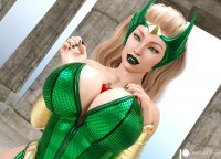 breasts blonde large_breasts long_hair cleavage green_eyes dress shrunken_man indoors cape tiara thor green_nails looking_at_tiny digital_render bare_legs enchantress marvel_comics dominadivine