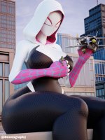 breasts giantess mega black_hair large_breasts butt handheld buildings gloves sitting airplane mask costume sitting_on_building hood biplane thick_thighs looking_at_tiny digital_render gwen_stacy gasmask marvel_comics spider-gwen doonography