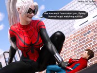 breasts giantess white_hair city large_breasts claws buildings brunette smiling ponytail short_hair shrunken_man cosplay pinned thighs crouching bracelet dialogue digital_render black_cat spider-man spider-woman marvel_comics peter_parker felicia_hardy ds-sael