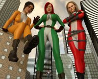 giantess city mega blonde large_breasts long_hair blue_eyes buildings green_eyes brunette brown_eyes smiling gloves red_hair boots sitting giantesses mask thighs towering leaning_against_building belt jumpsuit hands_on_hips hairband x-men sitting_on_building looking_at_tiny digital_render gwen_stacy mary_jane arms_folded spider-man kitty_pryde marvel_comics peter_parker giant_woman_squad anttiergod earth_2620