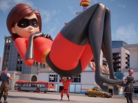 breasts giantess city blonde butt skirt high_heels buildings glasses brunette brown_eyes pink_hair gloves street short_hair boots muscles phone bus pants thighs lifting costume disney belt taxi the_incredibles looking_at_tiny digital_render pixar helen_parr mr._incredible incredibles nookiidding elast_girl