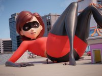 breasts giantess city mega blonde butt skirt buildings butt_crush brunette brown_eyes pink_hair gloves street short_hair boots muscles pants thighs truck costume disney the_incredibles looking_at_tiny digital_render pixar helen_parr mr._incredible incredibles nookiidding elast_girl