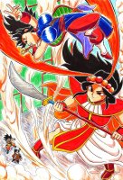 breasts drawing giantess manga mega comic black_hair color large_breasts long_hair skirt shoes goddess ponytail dress boots muscles fighting thighs hat chi_chi armbands looking_at_tiny son_goku bare_legs annin gi area51 son_gohan polearm