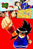 breasts drawing growth giantess manga mega comic black_hair color large_breasts long_hair shoes goddess ponytail dress muscles fighting thighs fist hat chi_chi fan armbands looking_at_tiny son_goku bare_legs annin gi area51 son_gohan