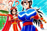 breasts drawing giantess manga mega comic black_hair color large_breasts long_hair skirt huge_breasts shoes goddess sweat ponytail dress muscles giantesses flying thighs hat tear chi_chi fan armbands son_goku bare_legs annin cupping_breasts gi heart_symbol area51 son_gohan