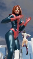 breasts giantess giga city black_hair large_breasts long_hair butt buildings green_eyes gloves red_hair boots thighs costume superman lois_lane cape giant_girl belt leotard hands_on_hips power_girl thick_thighs looking_at_tiny digital_render dc_comics mary_jane bare_legs spider-man marvel_comics earth_20052 ci0
