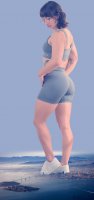 breasts giantess collage giga city butt bridge water buildings glasses brunette short_hair shorts looking_down mountains sneakers thighs tattoo source_needed sports_bra bare_legs bare_midriff leanbeefpatty patty