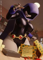 breasts vore large_breasts handheld purple_hair raven teen_titans short_hair shrunken_man hiding thighs indoors costume cape belt leotard candle christmas_gift hood imminent_vore christmas_tree purple_nails digital_render dc_comics anon bare_legs grey_skin bookcase env_light
