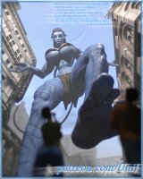 breasts giantess tail city mega alien black_hair large_breasts toes barefoot cleavage bra buildings blood underboob muscles abs cruel thighs avatar tattoo point_of_view braid stripes dialogue digital_render loincloth bare_legs bare_midriff looking_at_tinies yni-j tsahayra navi