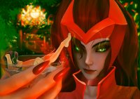 breasts giantess long_hair swimsuit barefoot bath green_eyes brunette short_hair shrunken_woman avengers red_nails choker costume tiara champagne glowing_eyes looking_at_tiny digital_render janet_van_dyne bare_legs marvel_comics champagne_glass scarlet_witch the_wasp ondieony