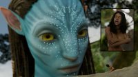 breasts nude alien comic black_hair large_breasts long_hair cleavage brown_eyes yellow_eyes kneeling jungle blue_skin shrunken_woman tribal dark_skin avatar tattoo braid covering_breasts looking_at_tiny pointed_ears digital_render cutaway hpmw-fan45 navi
