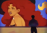 breasts drawing giantess mega alien black_hair color long_hair cleavage green_eyes teen_titans red_hair starfire dress short_hair painting pants night jacket necklace rooftop dc_comics orange_skin nightwing