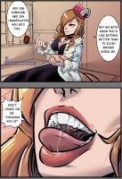 breasts drawing vore comic color long_hair tongue cleavage saliva brunette story sitting fork shrunken_man indoors hat choker earings angel_starr ace_attorney coat dialogue looking_at_tiny anon fur_coat