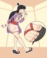 breasts drawing feet black_hair color long_hair toes skirt shoes smiling pink_hair dress sandals unaware shrunken_woman toe_crush indoors jacket ace_attorney maya bracelet jj-psychotic hair_bun maya_fey cutaway